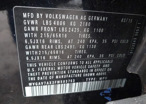 2015 Volkswagen Tiguan S из США, поврежденный, VIN WVGAV7AX3FW593753